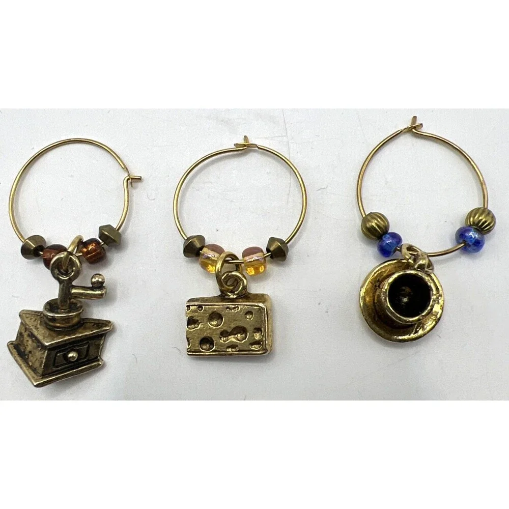 LOT of 10 Vintage Wine Glass Charms Gold Tone Metal Variety Themes
